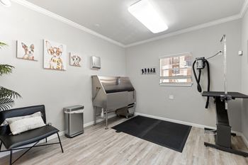 A room with a black chair and a treadmill.